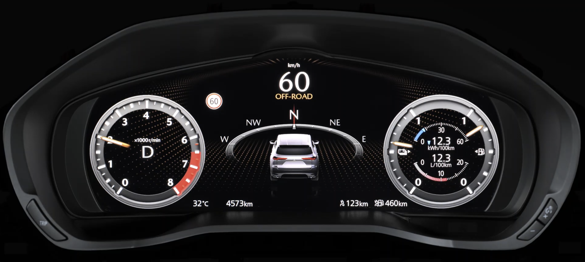 Digital cluster showing current speed of 60km per hour, odometer, outside temperature and rendering of car exterior