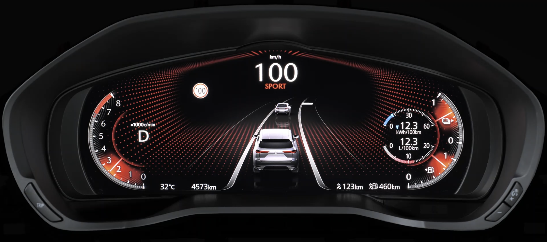 Digital cluster showing current speed of 100km per hour, odometer, outside temperature and rendering of car exterior